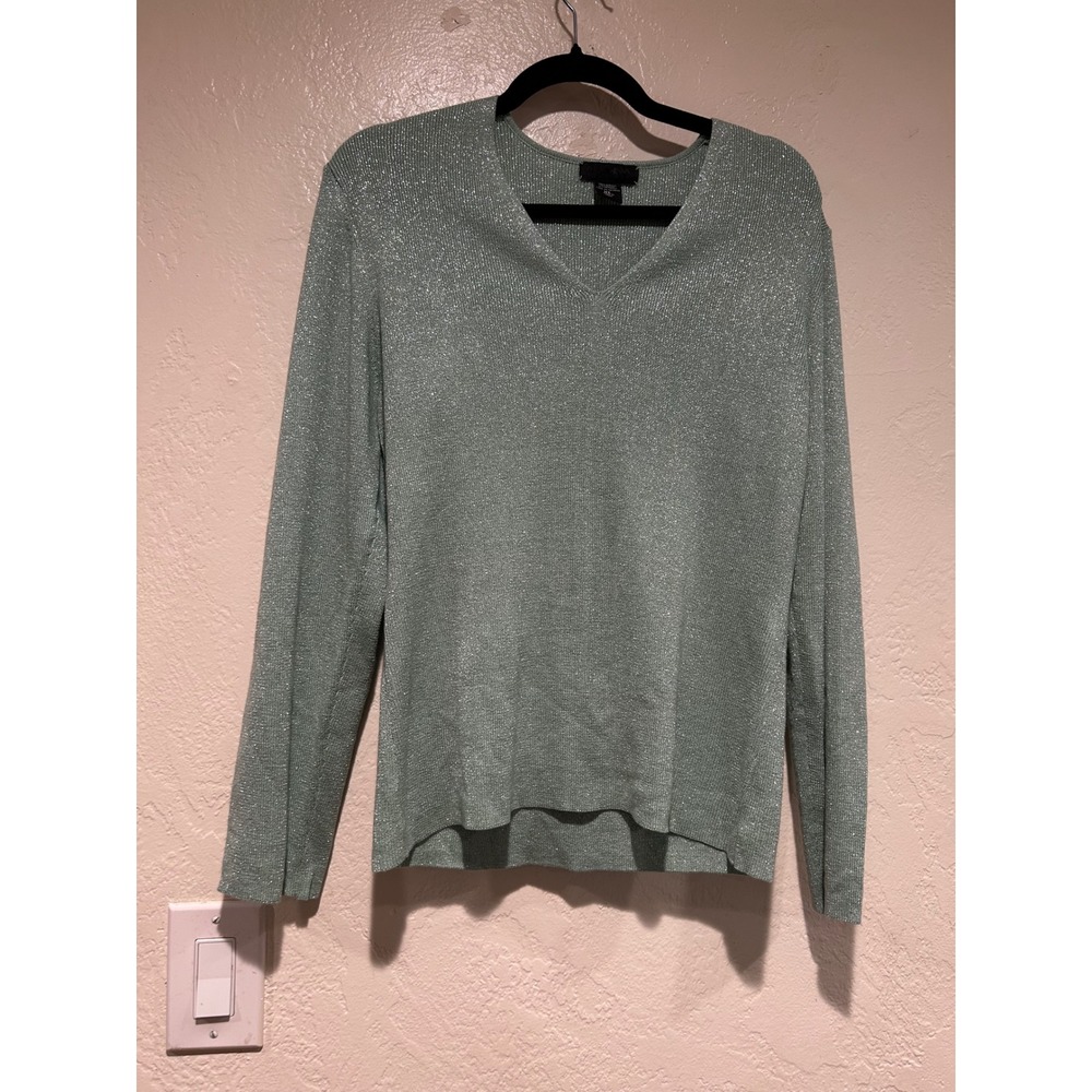 New York &‎ Company Sage Green Metallic Shimmer V-Neck Sweater XL Pullover